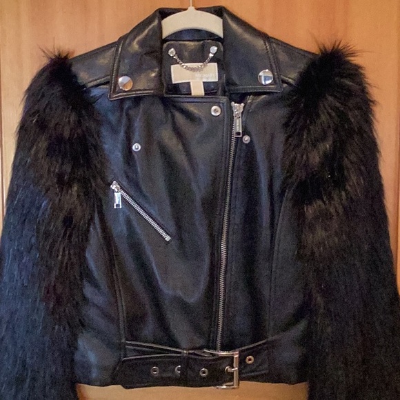 Michael Kors Leather Jacket with Furry Sleeves - Picture 5 of 10